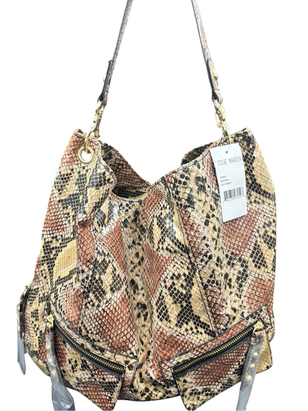 Steve Madden Faux Snakeskin Print Hobo Shoulder Bag Brown Gold Hardware NWT